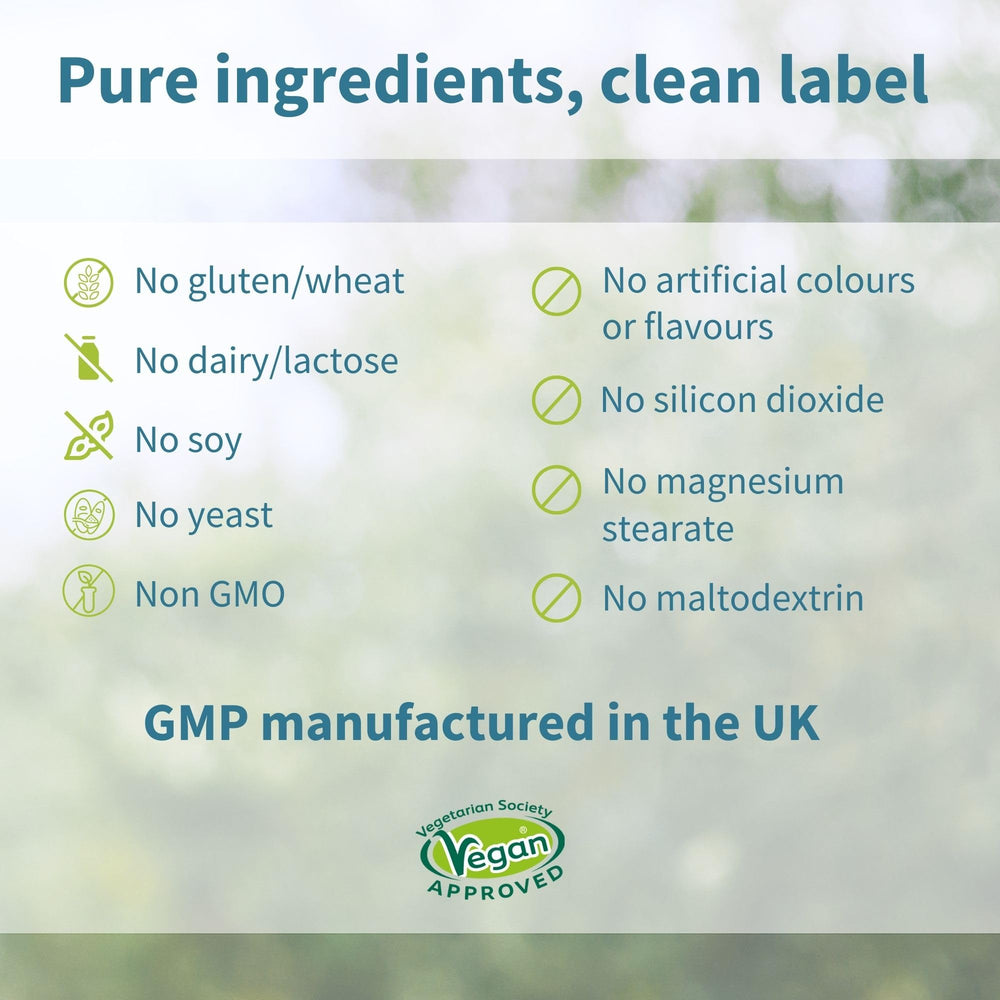 UK GMP manufacturing label; vegan and MTHFR-friendly