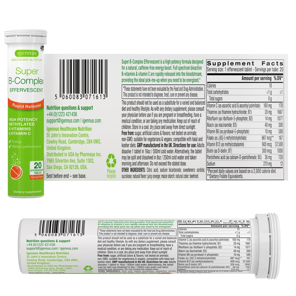 20-tablet bottle of Igennus Super B-Complex with orange flavor