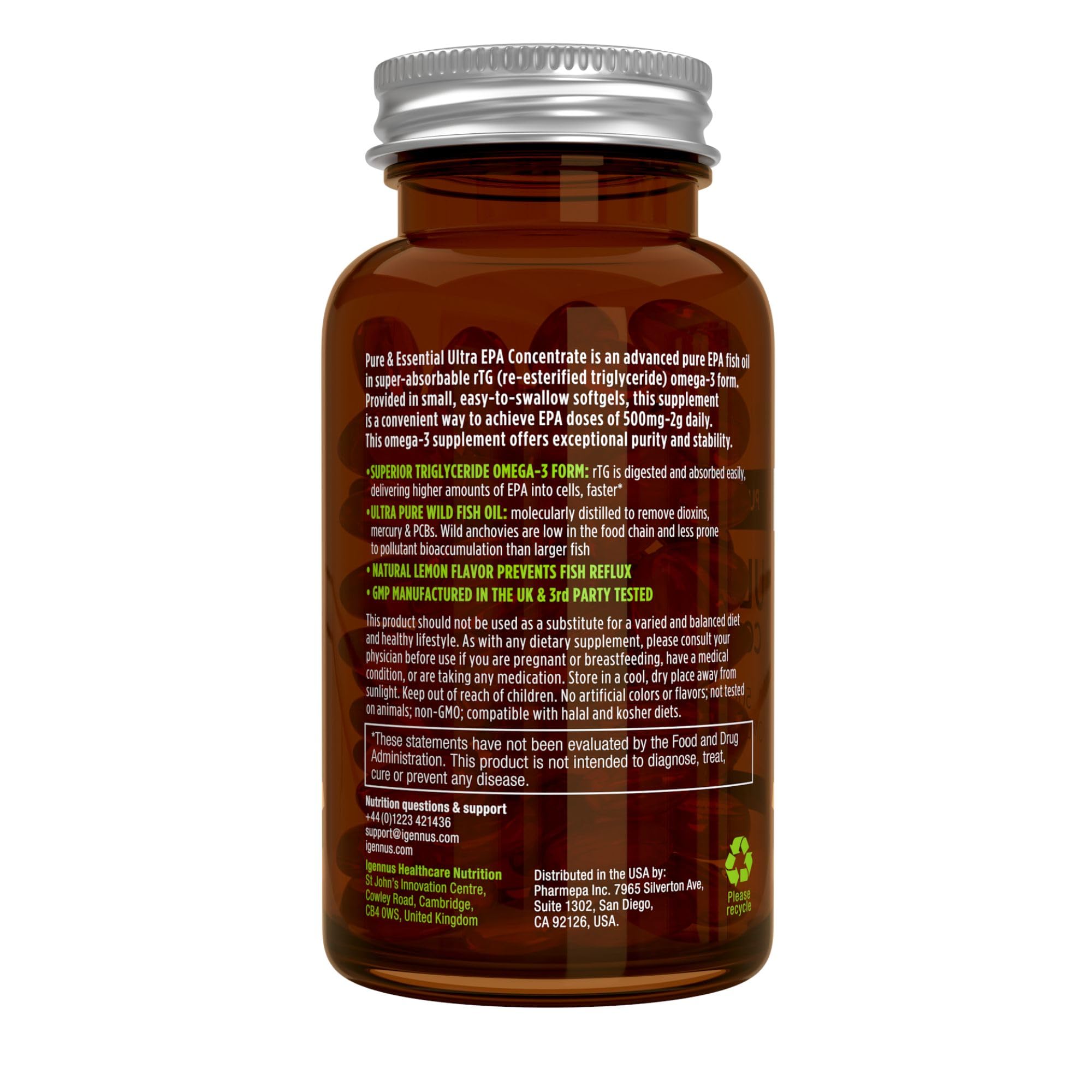 Igennus Ultra Pure Omega-3 EPA 500mg natural lemon flavour on bottle