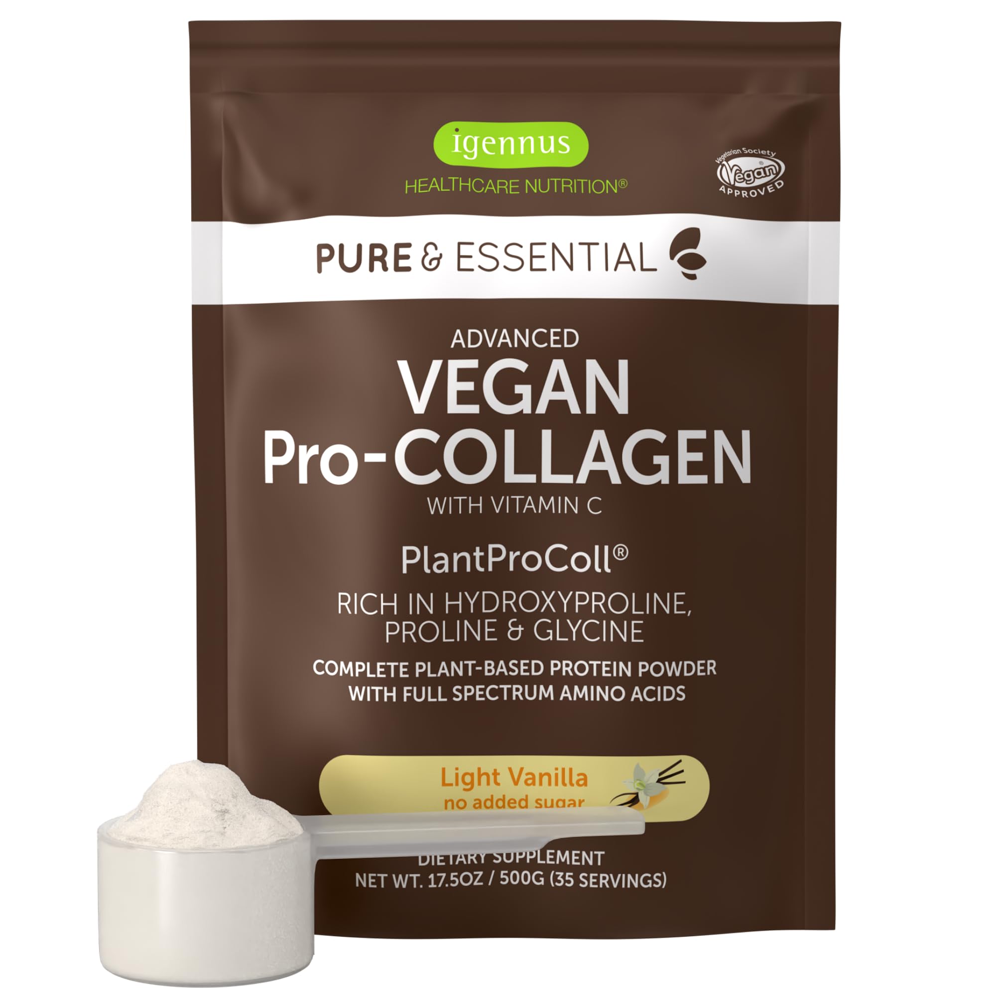 Front view of Igennus Advanced Vegan Vanilla Collagen Peptide Powder tub