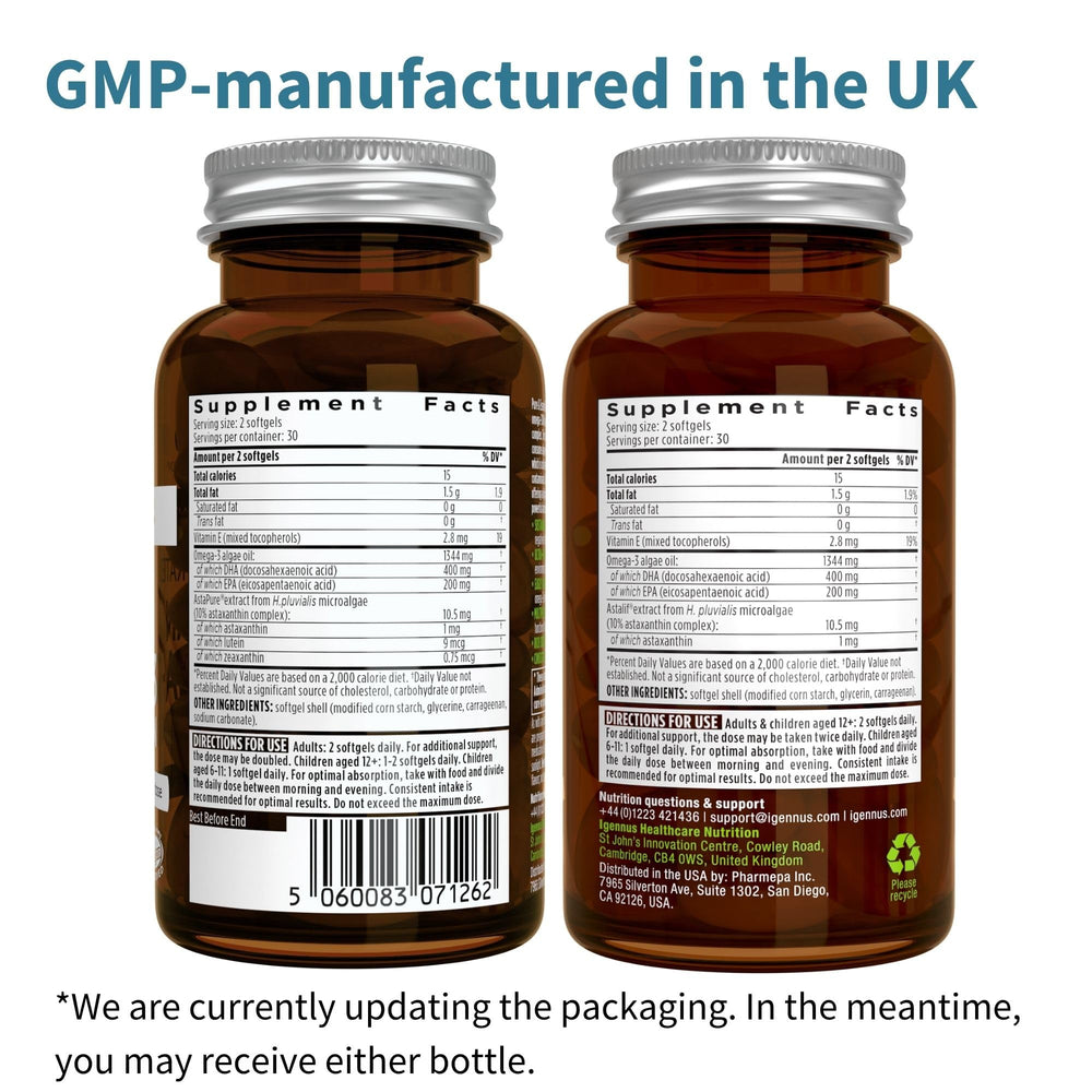 Bottle of Igennus vegan omega-3 algae oil softgels with label