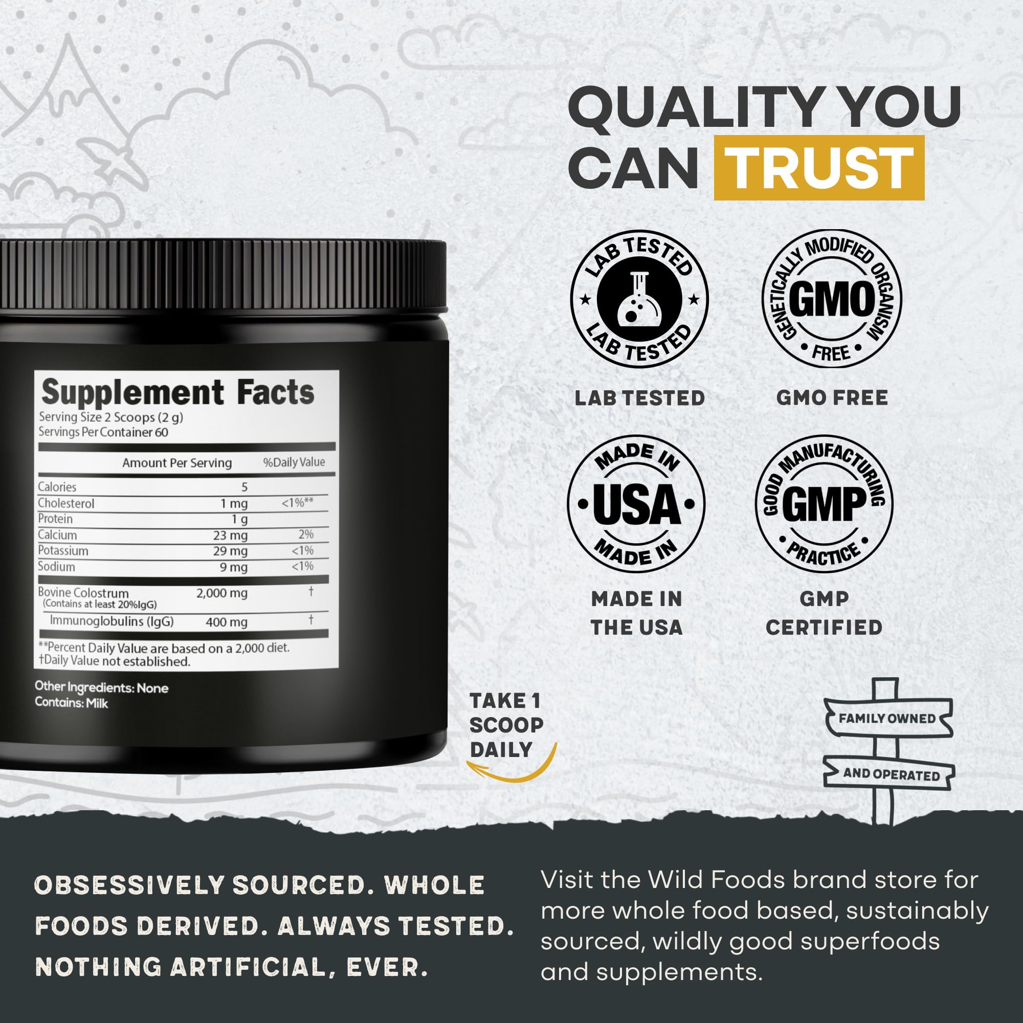 Nutrition label highlighting 400mg IgG per serving for immune support