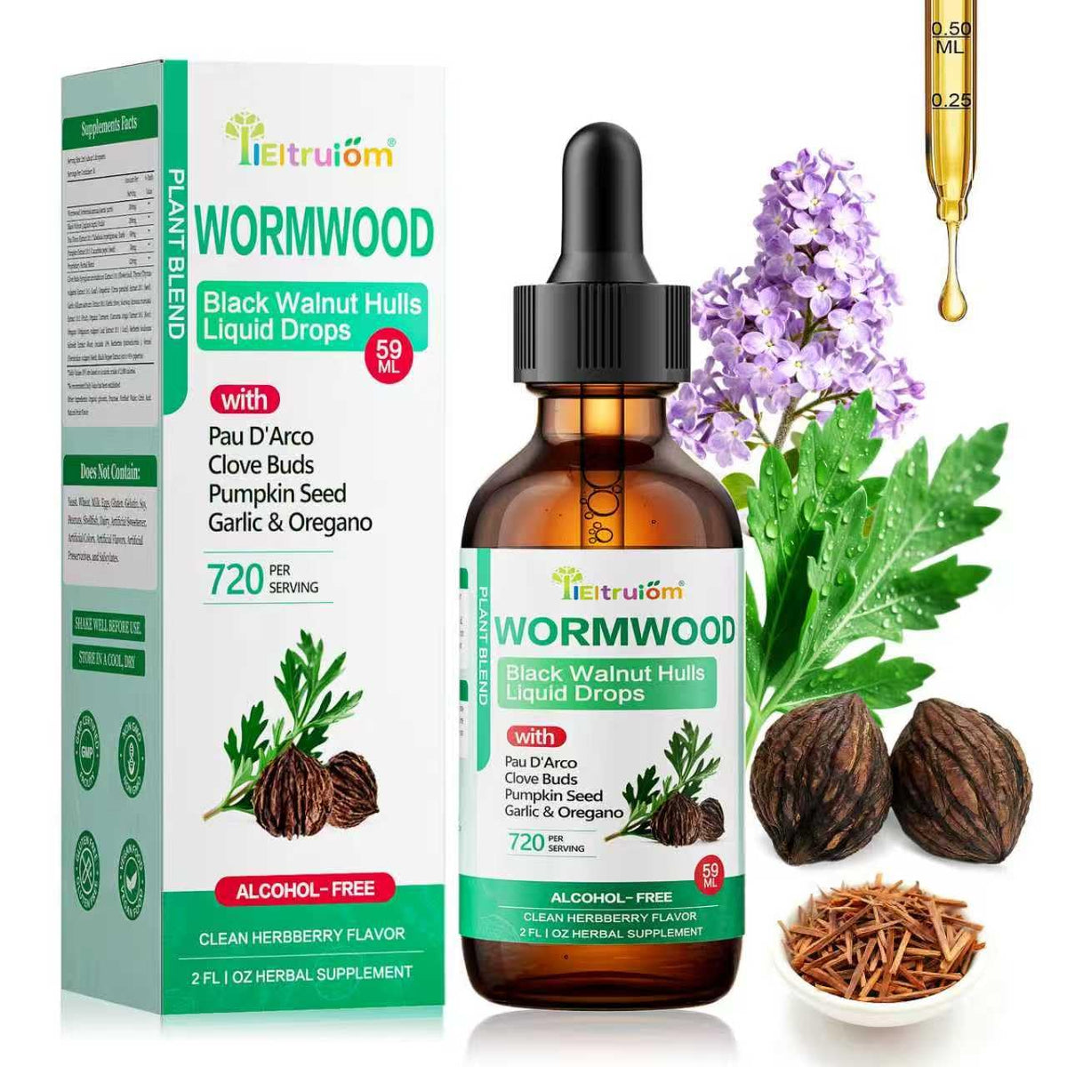 Bottle of IIEltruiom liposomal black walnut wormwood tincture 2oz on white background