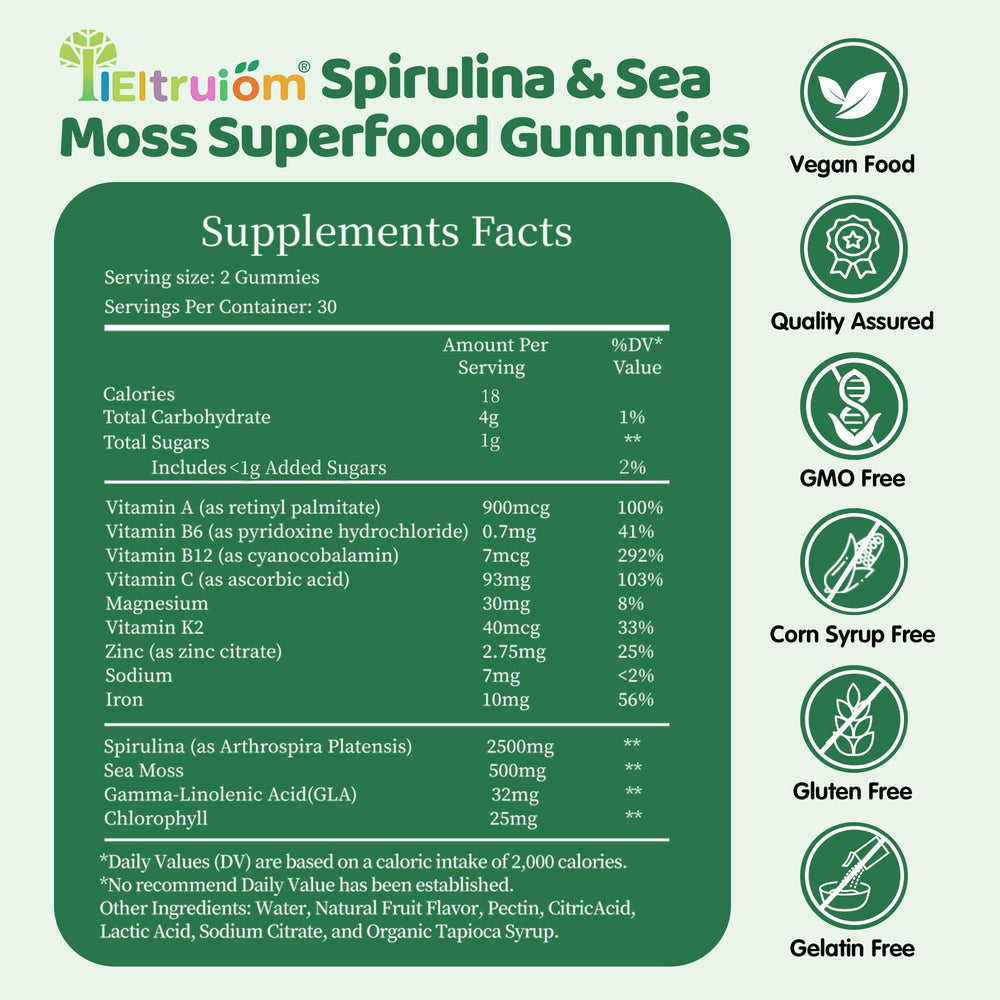 Organic spirulina powder and sea moss ingredients