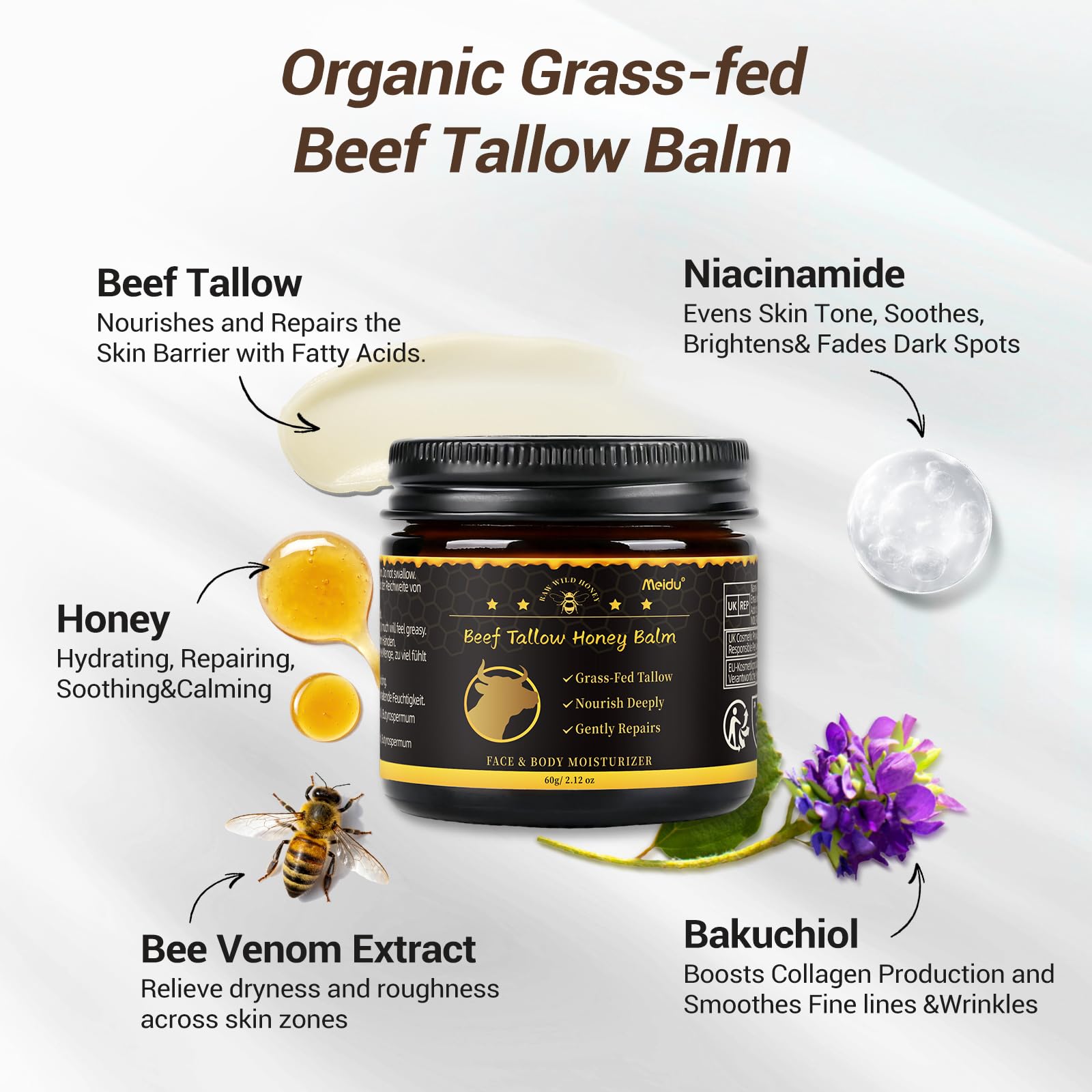 IIIMEIDU ingredients note highlighting grass-fed tallow and raw honey.