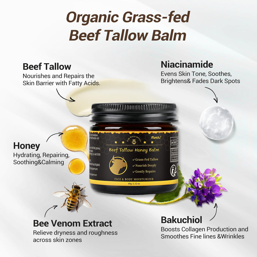 IIIMEIDU ingredients note highlighting grass-fed tallow and raw honey.