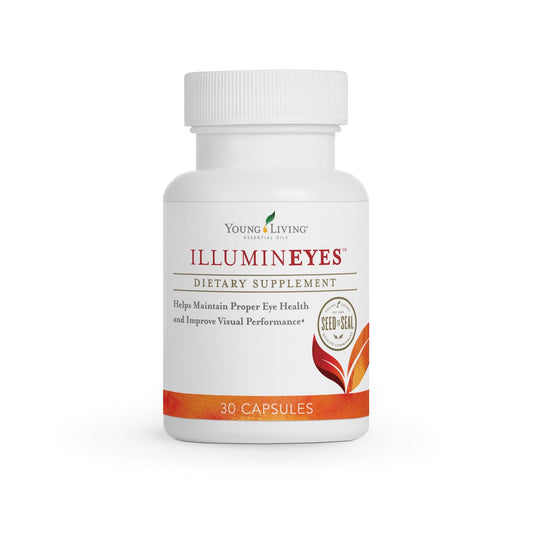 Bottle of IlluminEyes showing blue light protection