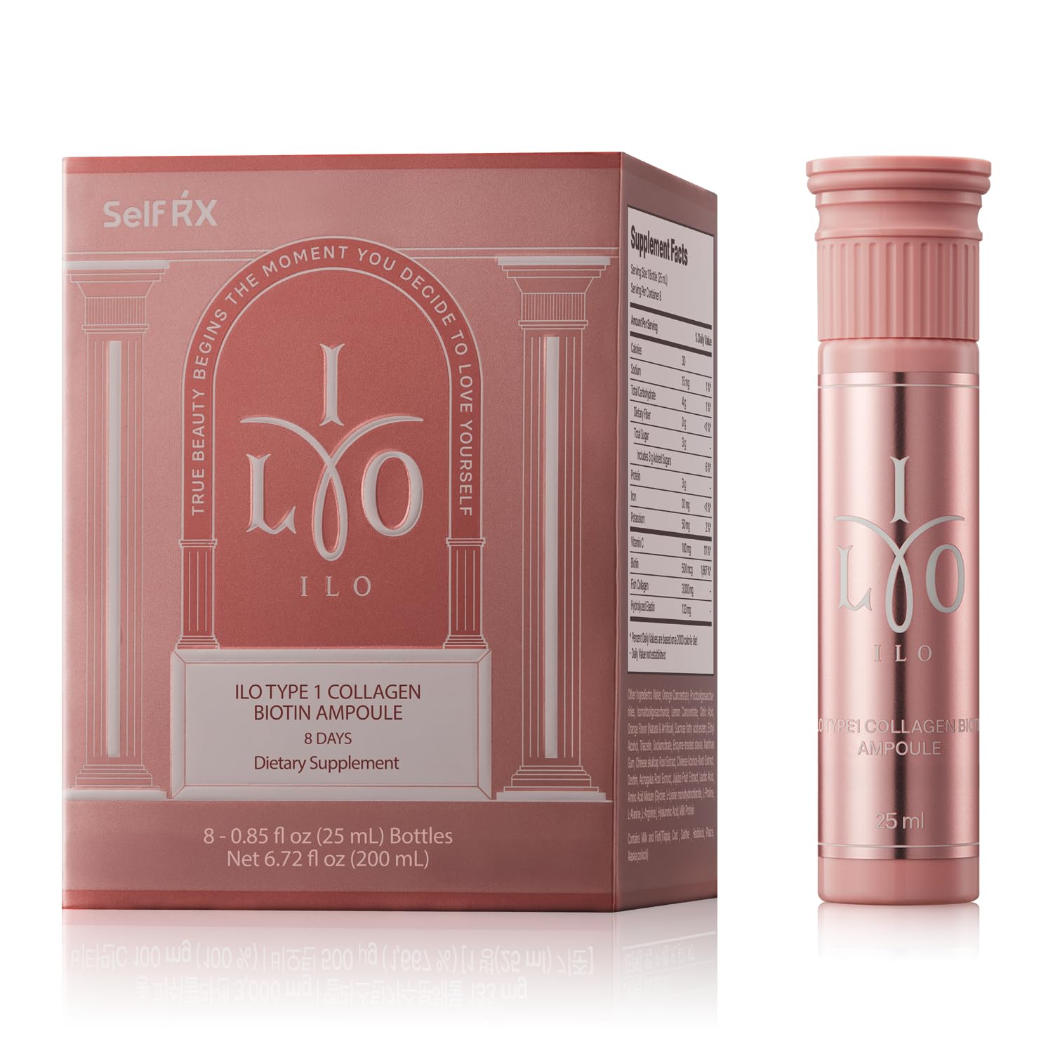 Product shot of Ilo Liquid Collagen Drink orange flavor with eight bottles