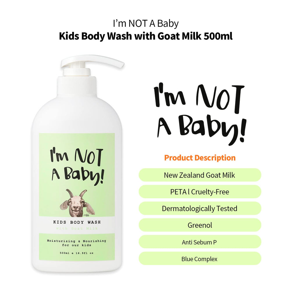 Front view of I'm NOT A Baby! Kids Body Wash bottle showing Goat Milk