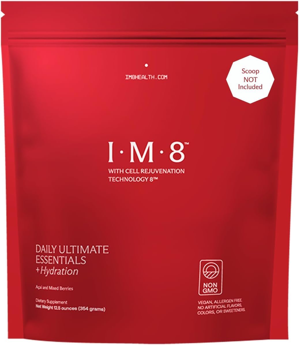 IM8 Daily Ultimate Essentials bottle labeled 92 nutrient-rich ingredients