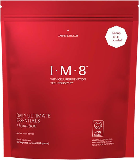 IM8 Daily Ultimate Essentials bottle labeled 92 nutrient-rich ingredients