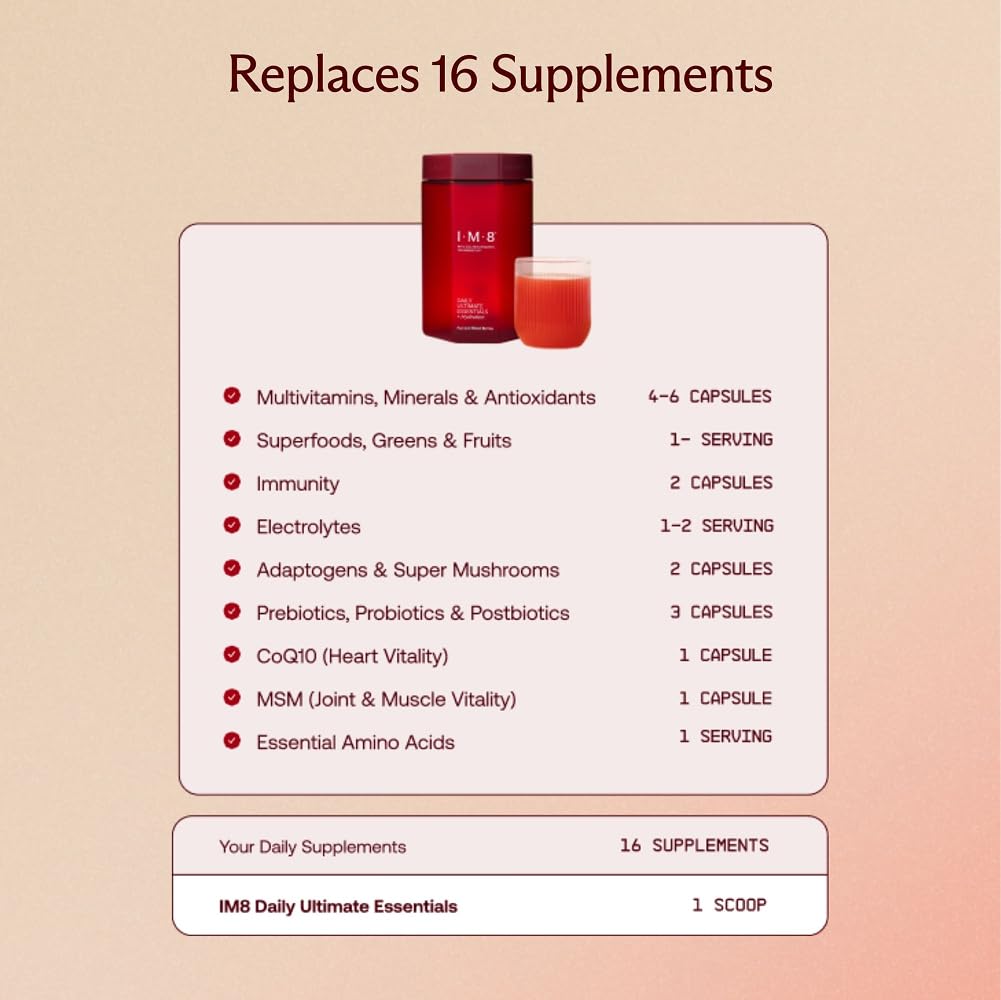 Non-GMO, vegan and allergen-free claims on IM8 Daily Ultimate Essentials label.