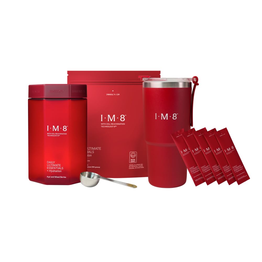 IM8 Daily Ultimate Essentials starter kit packshot with bottle, scoop, and tumbler.