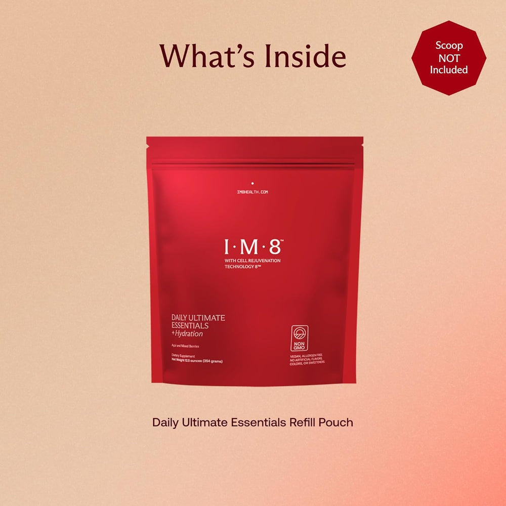 IM8 powder dissolving in water to create a refreshing mixed berry acai drink.