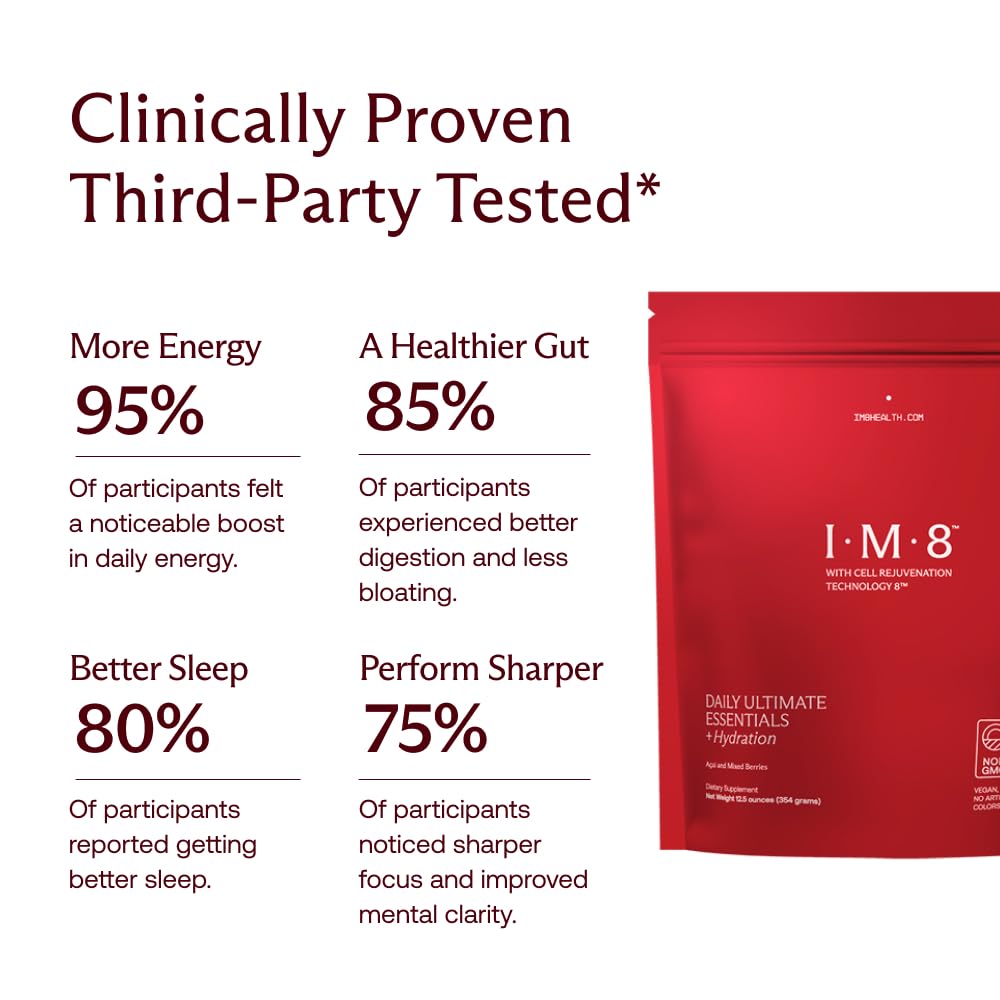 IM8 Daily Ultimate Essentials scoop mid-air, ready to mix into your drink.