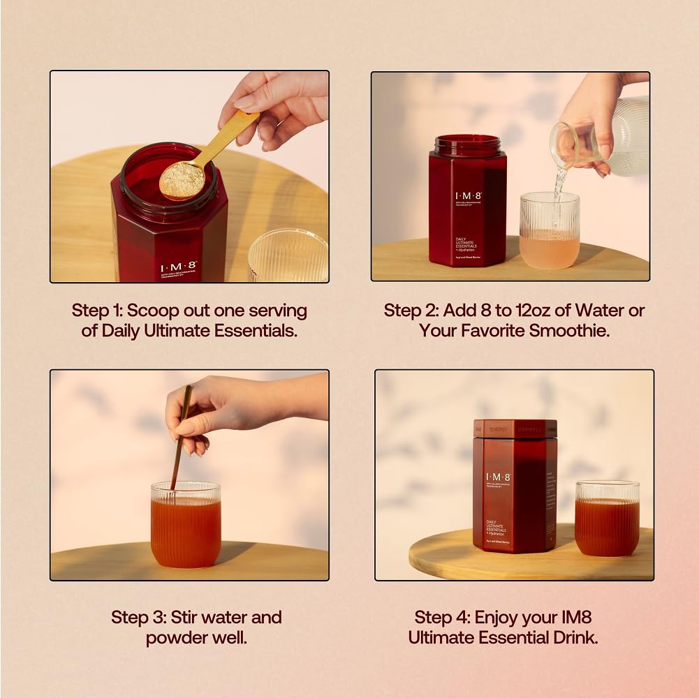 Easy-use steps showing how to prepare IM8 Daily Ultimate Essentials.