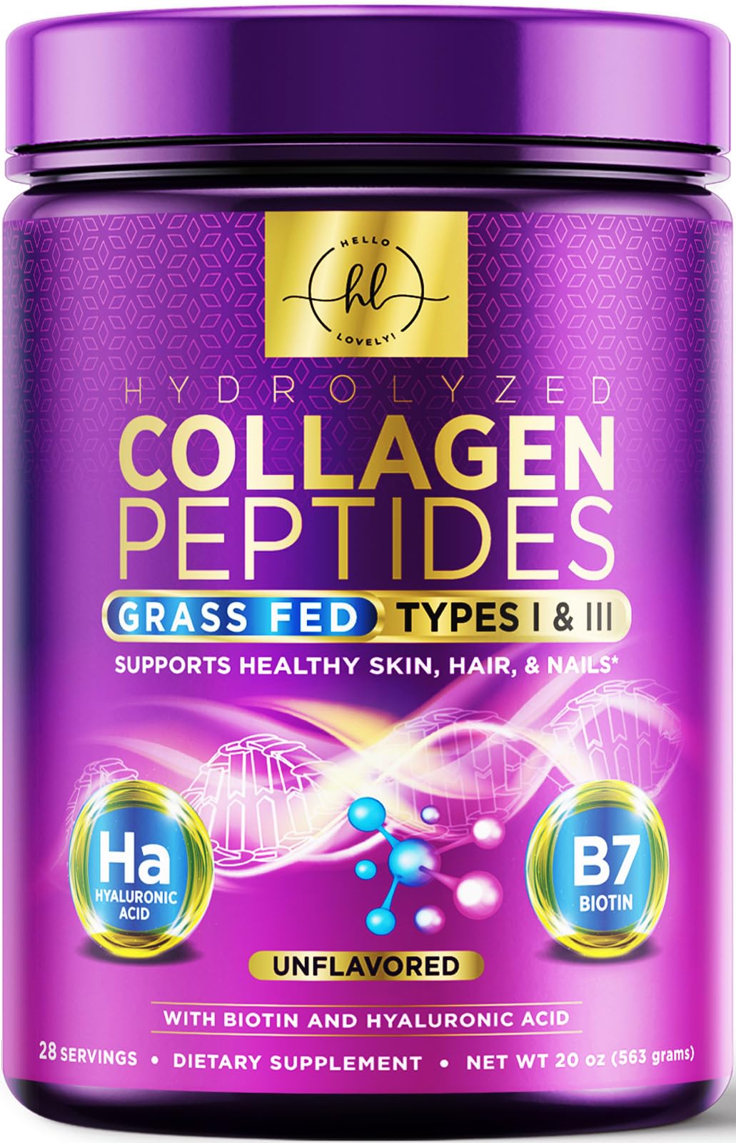 Collagen peptides powder 20g unflavored, grass-fed packaging