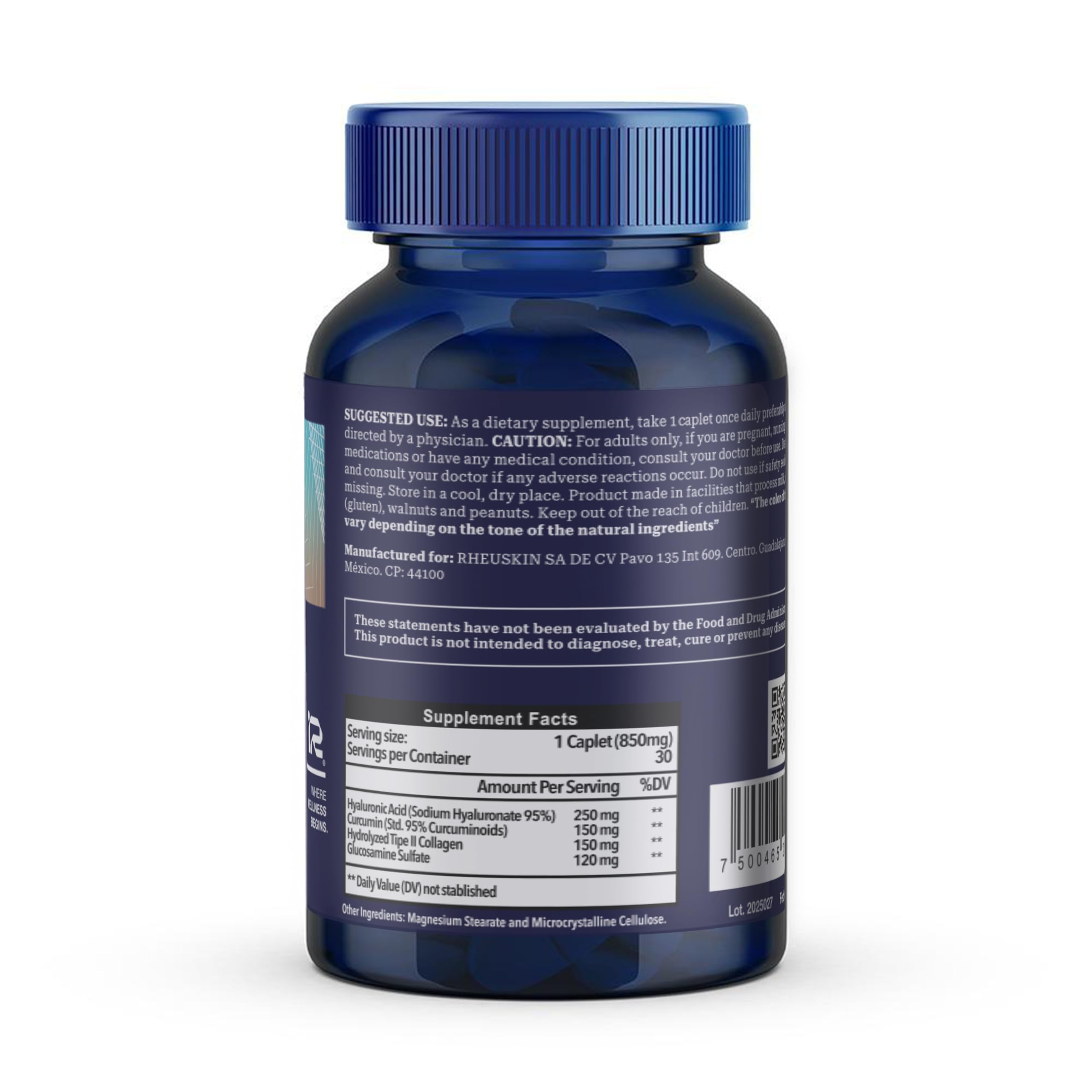 Rheuskin Motion – Advanced Joint Support with Hyaluronic Acid, Glucosamine, Curcumin & Type II Collagen | 30 Caplets 850 mg