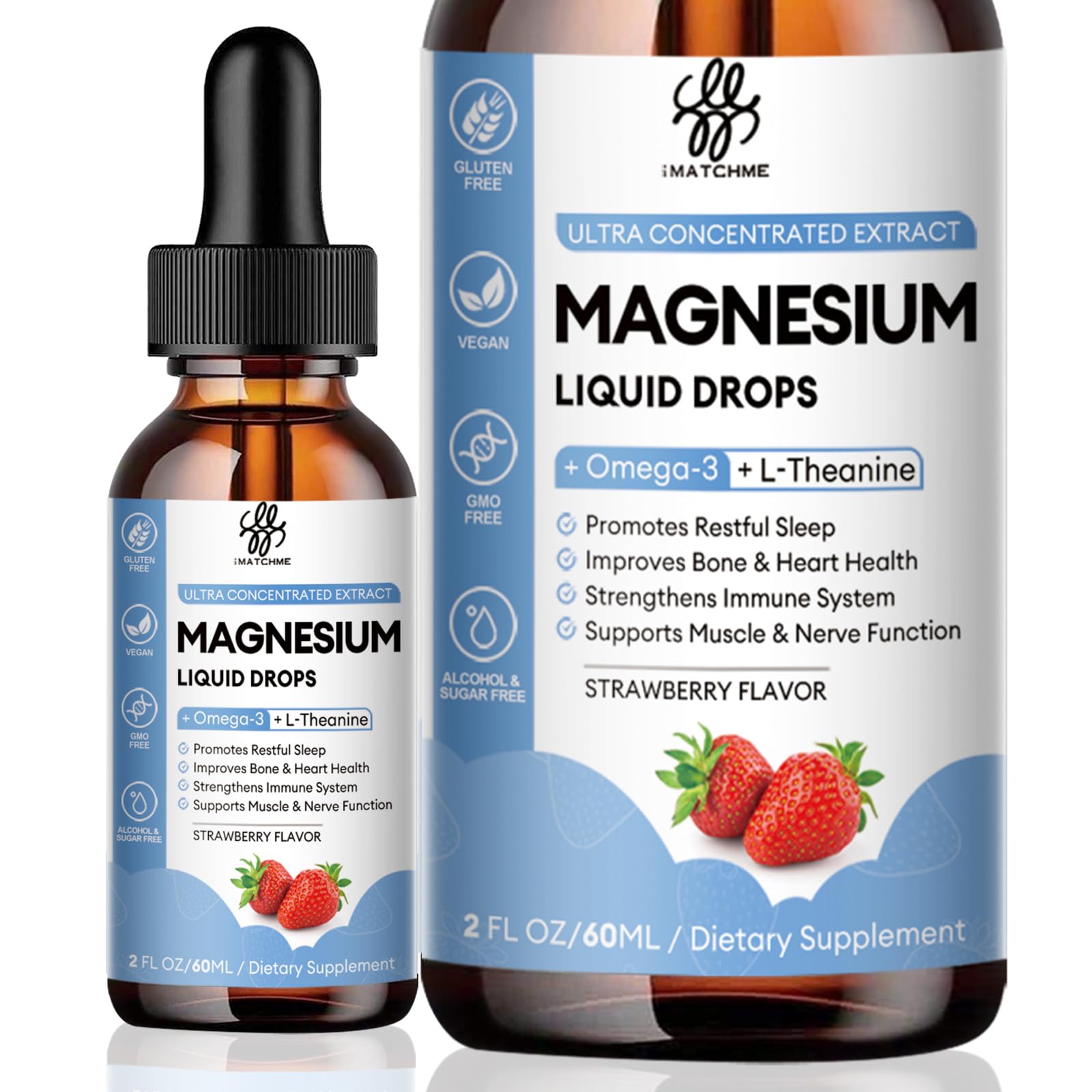 Bottle of iMATCHME Magnesium Glycinate Liquid Drop with sugar-free strawberry flavor
