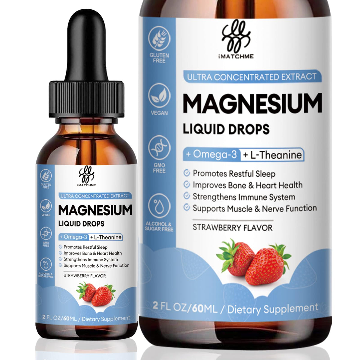 Bottle of iMATCHME Magnesium Glycinate Liquid Drop with sugar-free strawberry flavor