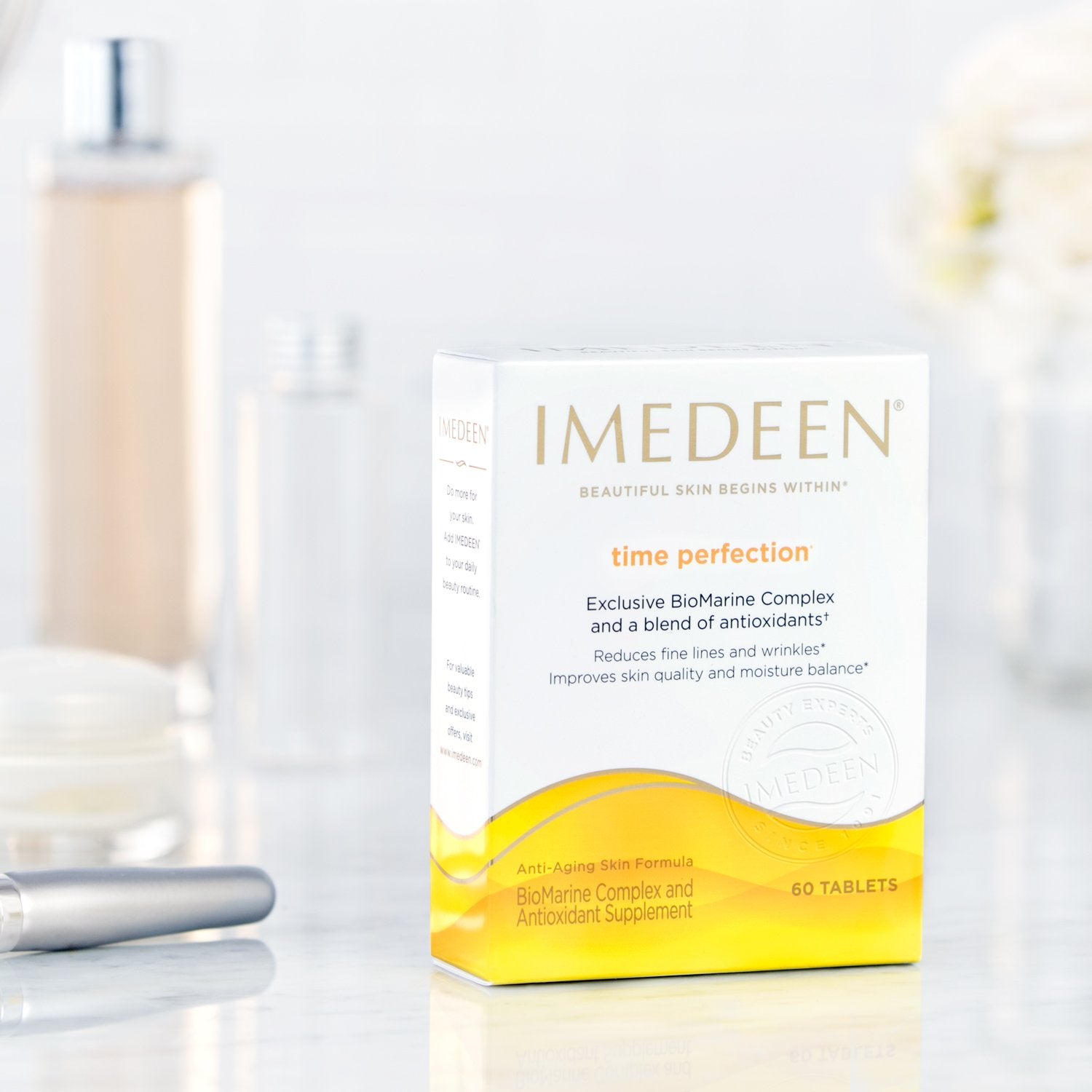 Lifestyle shot showing daily supplement routine with Imedeen Time Perfection