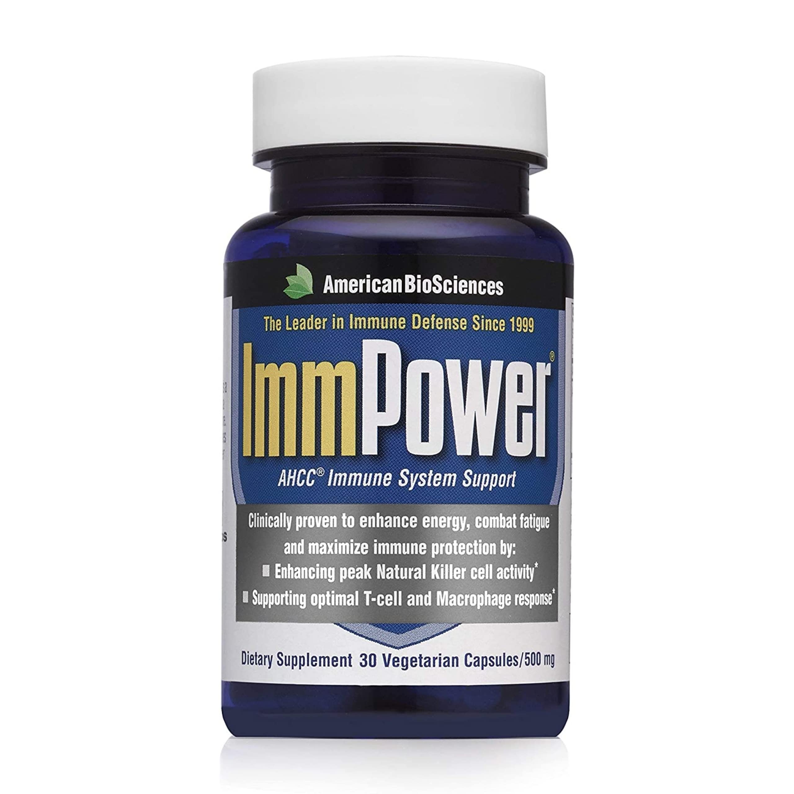 Front view of ImmPower AHCC vegetarian capsules bottle