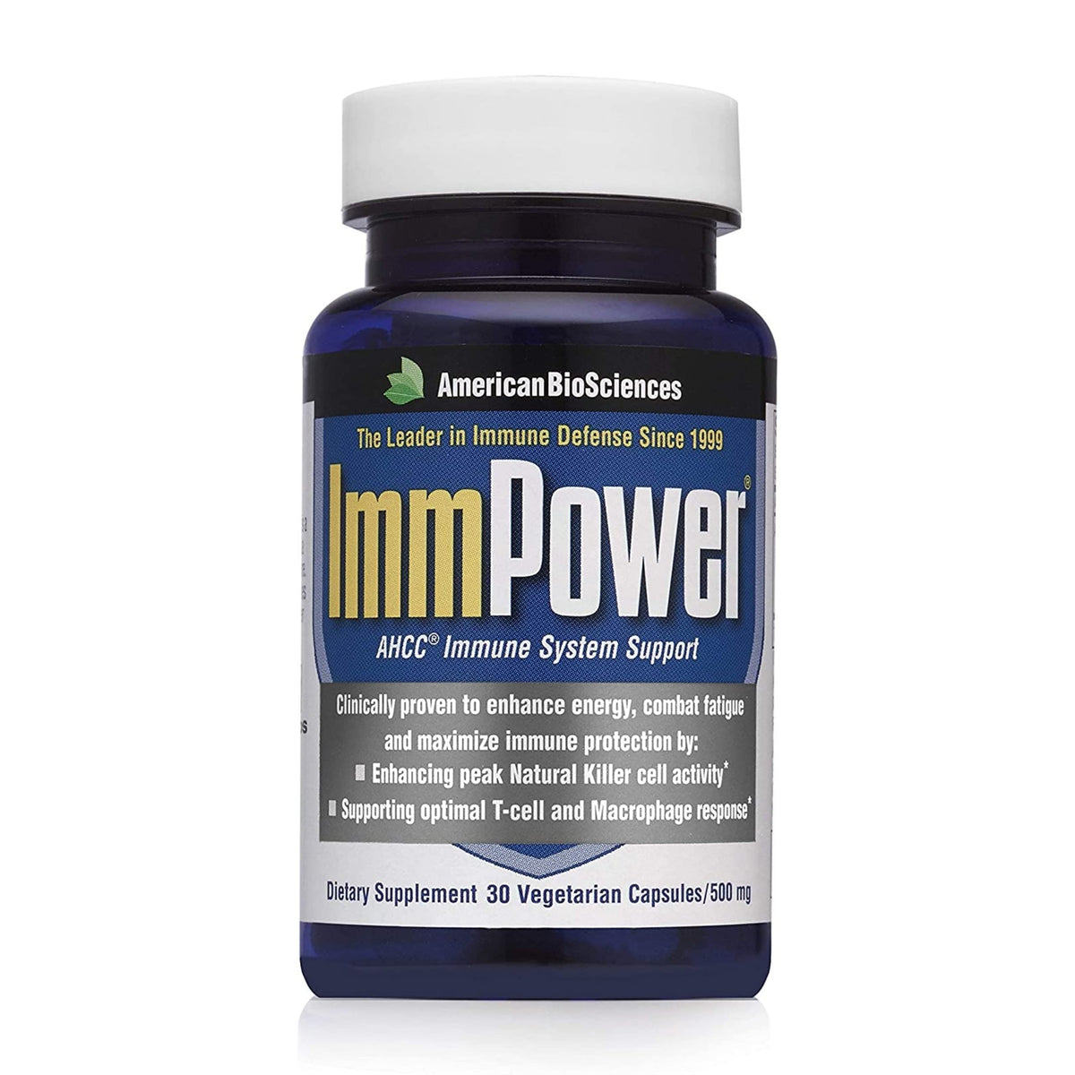 Front view of ImmPower AHCC vegetarian capsules bottle