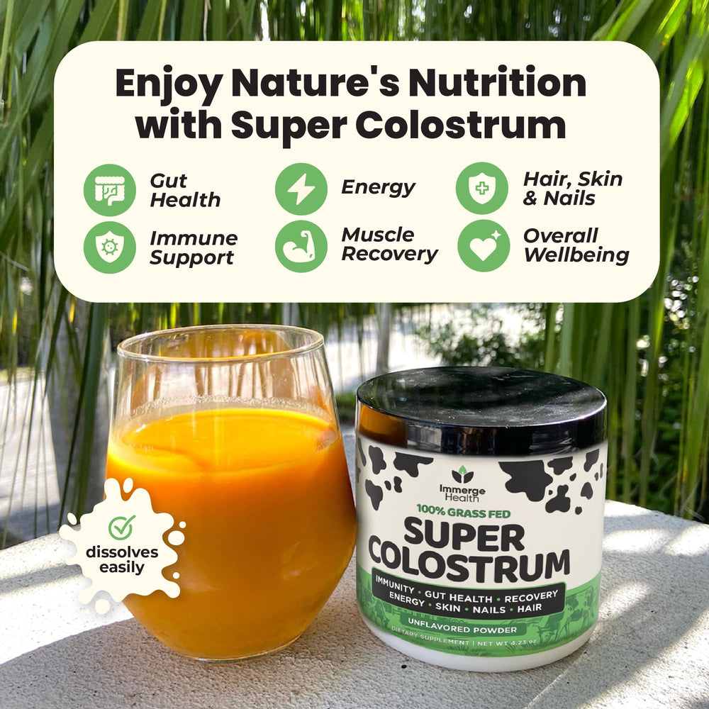 ImmergeHealth Colostrum powder jar emphasizes first-milking grass-fed sourcing for purity.
