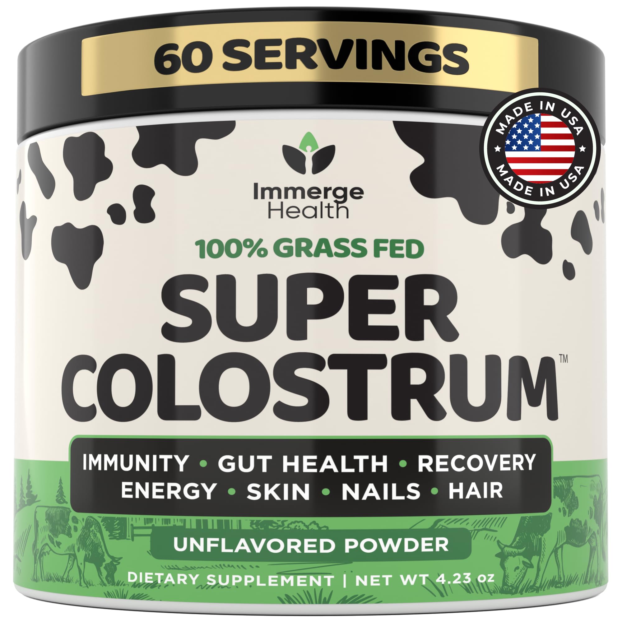 ImmergeHealth Super Colostrum bottle highlights grass-fed formula for gut and immune support.