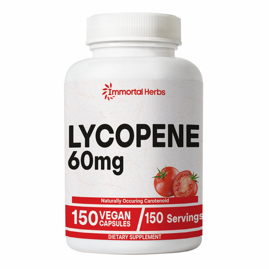 Main product bottle of Immortal Herbs Lycopene Supplement with label showing 60mg per capsule