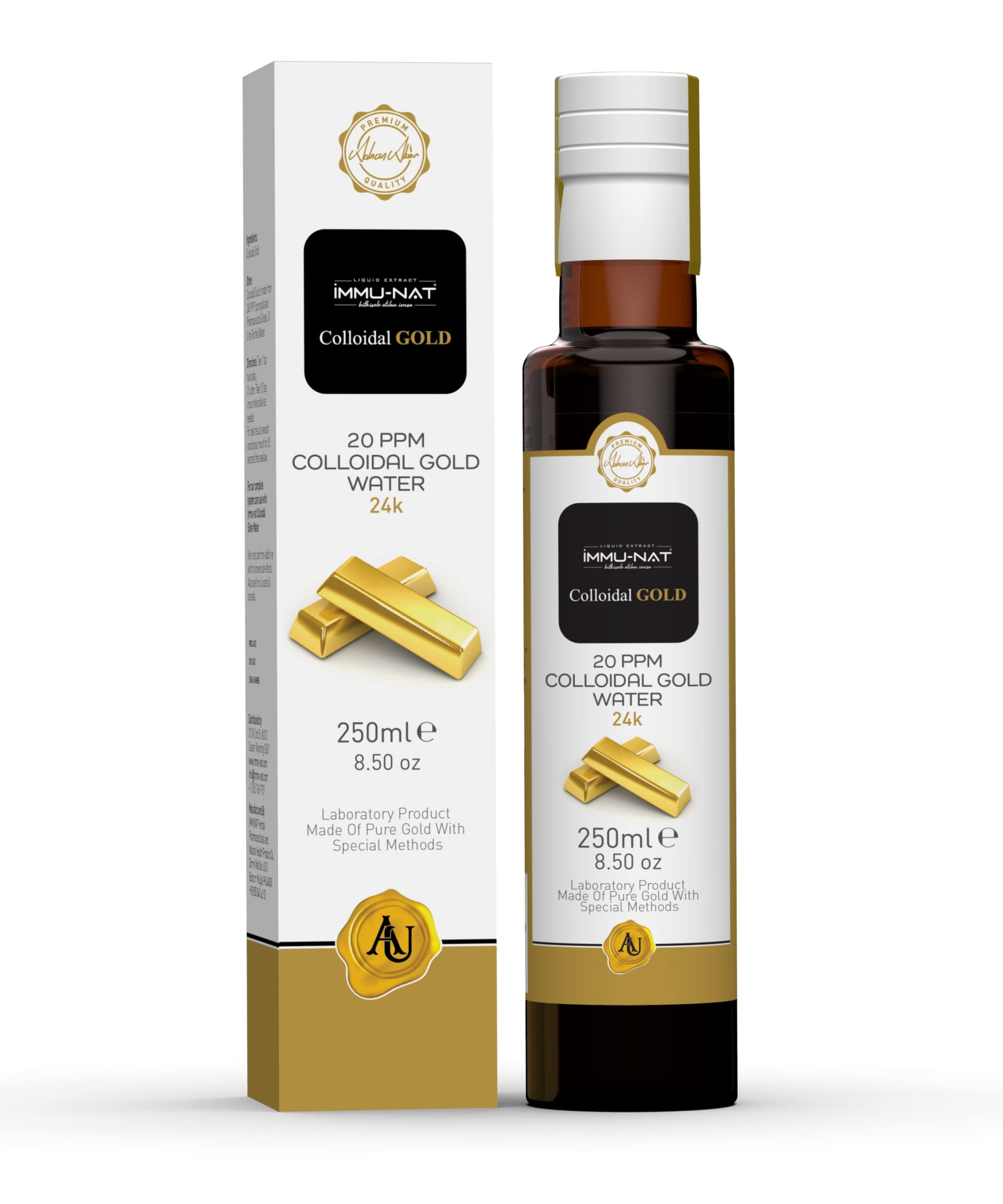 Front view of Immu-nat Colloidal Gold Water bottle, 24K 20ppm, 8.5oz