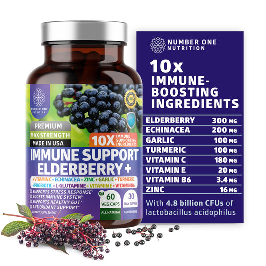 Premium 10 in 1 Immune Support supplement bottle with elderberry and probiotics