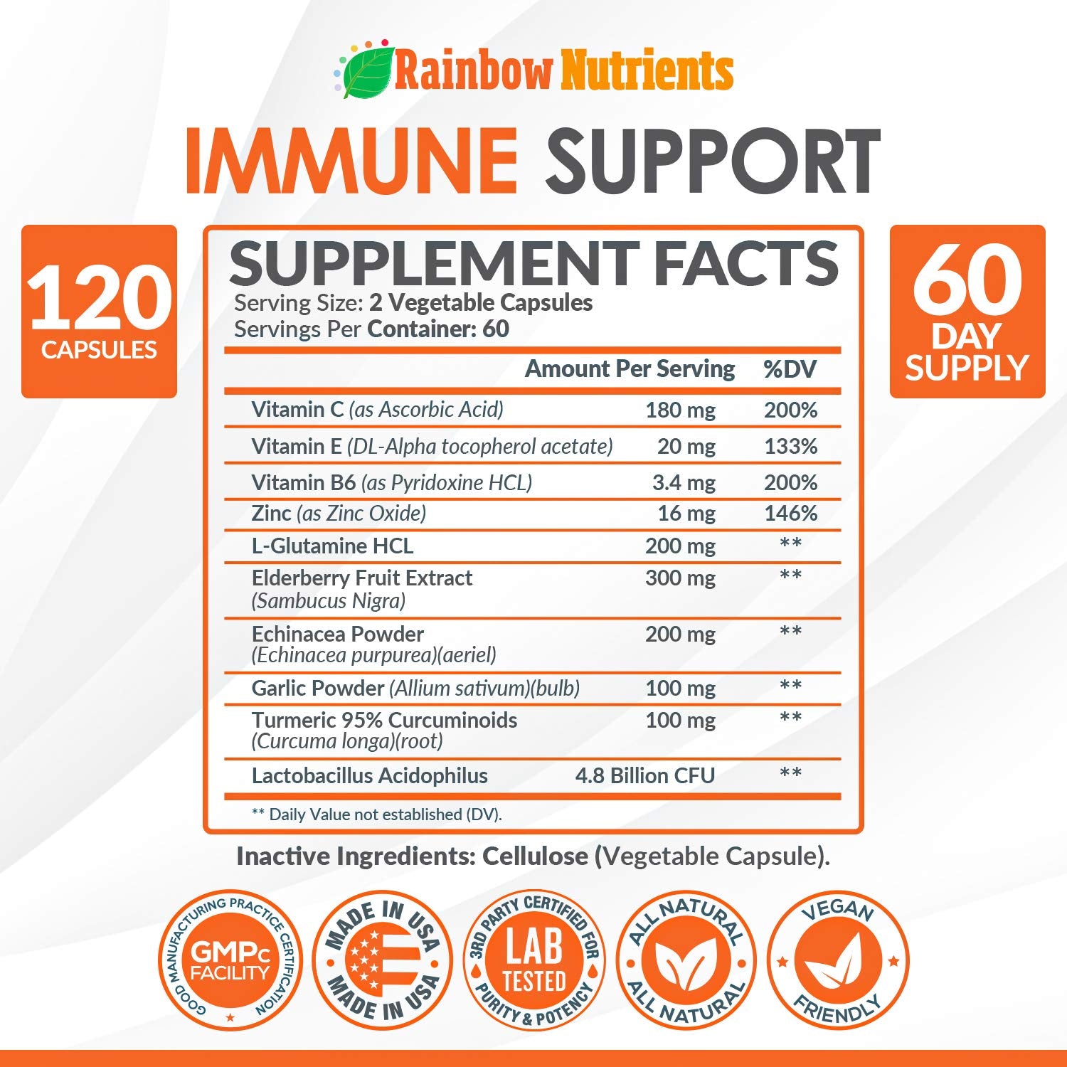 Close-up of Vitamin C, Zinc, Elderberry and Probiotic ingredients