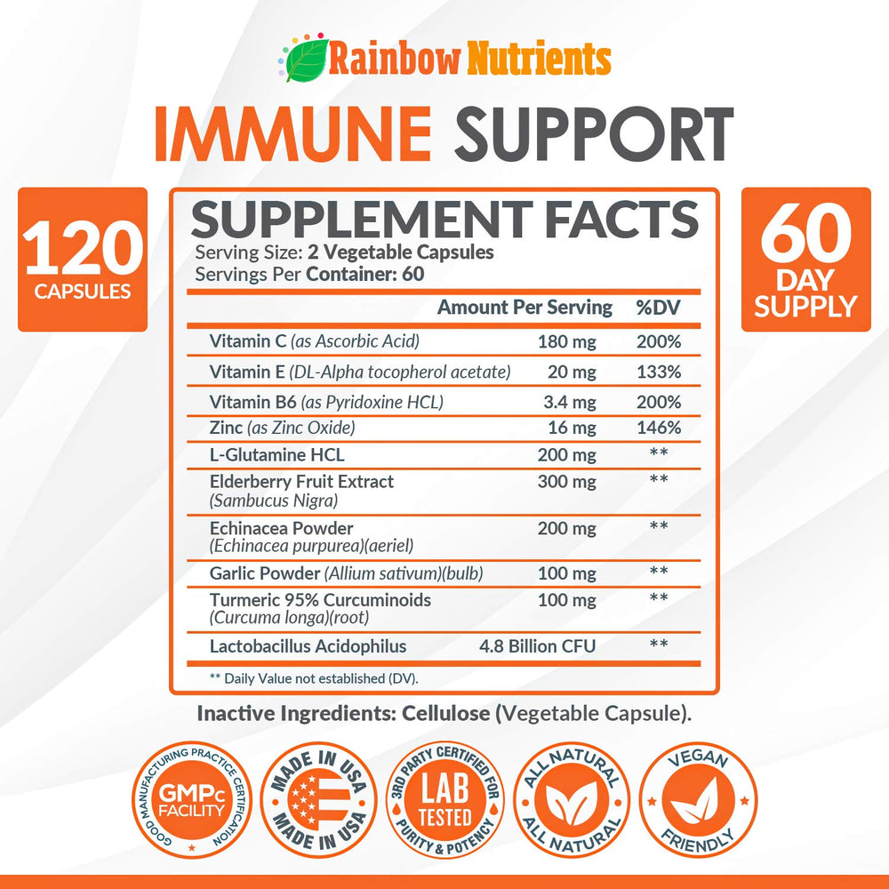 Close-up of Vitamin C, Zinc, Elderberry and Probiotic ingredients