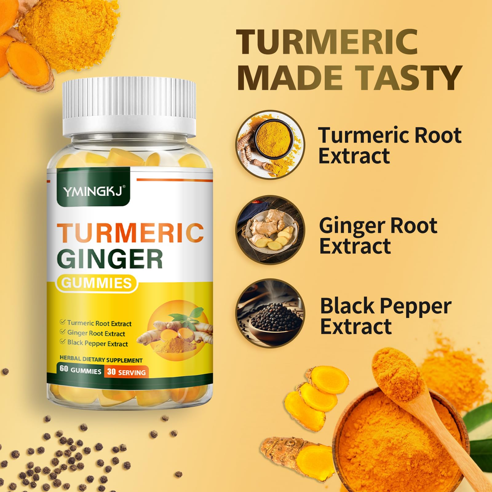 Graphic illustrating immune support, skin health, and mobility benefits from turmeric ginger gummies