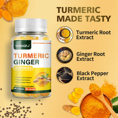 Graphic illustrating immune support, skin health, and mobility benefits from turmeric ginger gummies