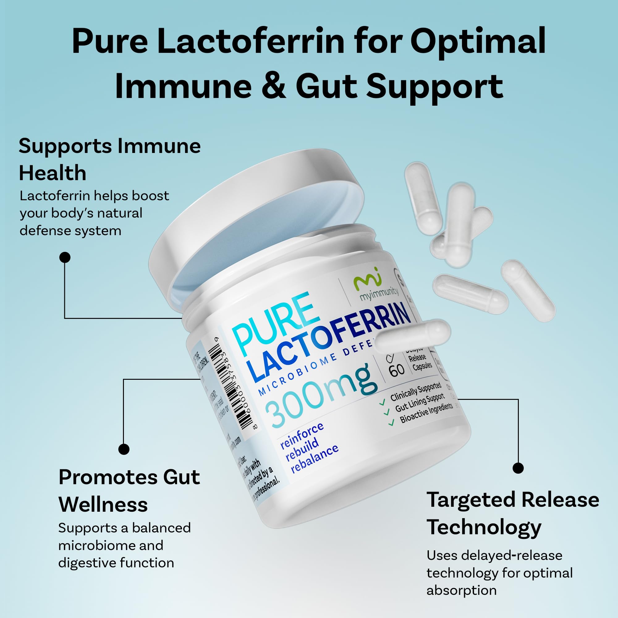 Illustration showing immune system support with lactoferrin 300mg delayed-release capsules