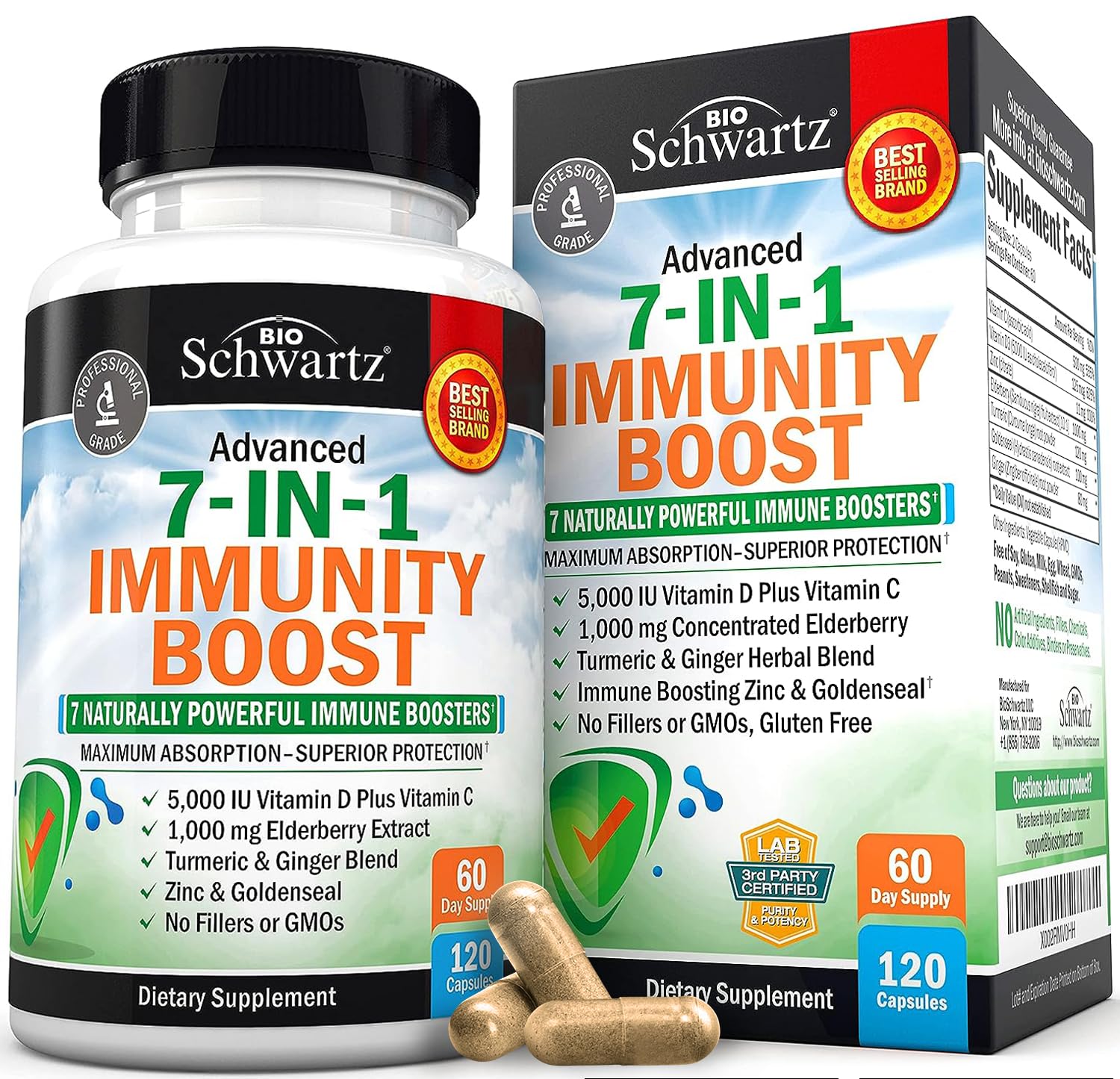 Product bottle label highlighting immune support ingredients: zinc, vitamin C, vitamin D 5000 IU, elderberry, ginger, and goldenseal