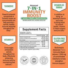 Graphic showing immune-boosting ingredients: Vitamin D, Vitamin C, Elderberry, Zinc, Goldenseal, Turmeric, Ginger