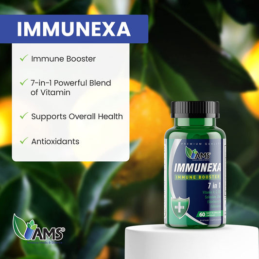 Close-up of Immunexa capsules showing vitamins A, C, D3, Zinc and Elderberry