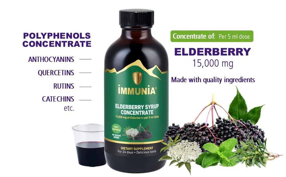 Close-up of Immunia Elderberry Syrup concentrate ingredients