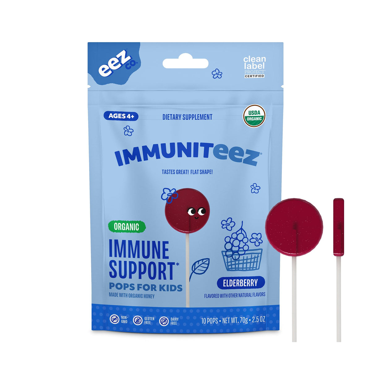 Immuniteez Organic Elderberry Lollipops packaging showing 10-count bag