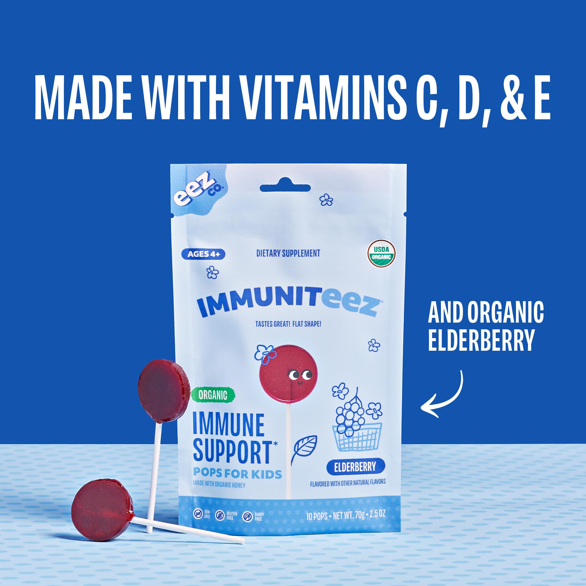 Vitamins C, D, E and zinc icons on label