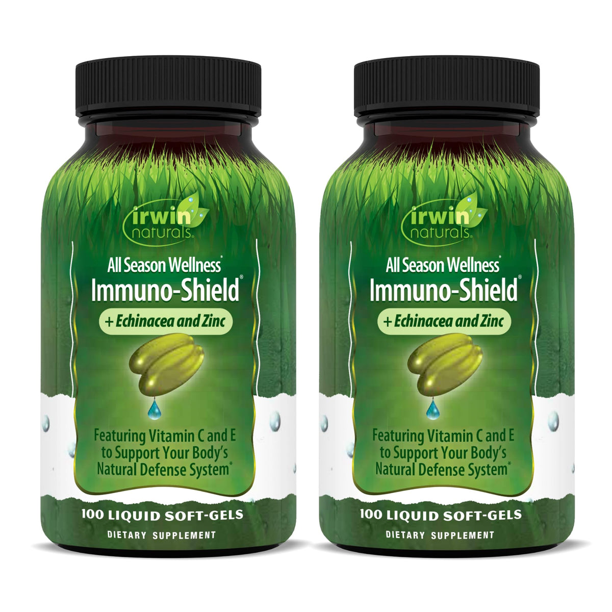 Irwin Naturals Immuno-Shield hero image showing two bottles of 100 liquid softgels