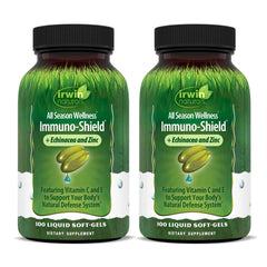 Irwin Naturals Immuno-Shield hero image showing two bottles of 100 liquid softgels