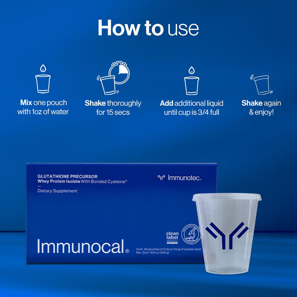 Immunocal packaging card beside bottle emphasizes detox and antioxidants.