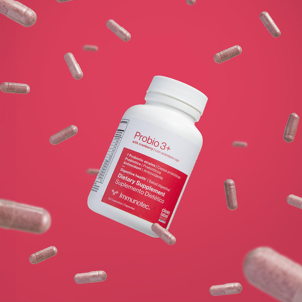 Synbiotic PROBIO 3+ capsules alongside cranberry imagery