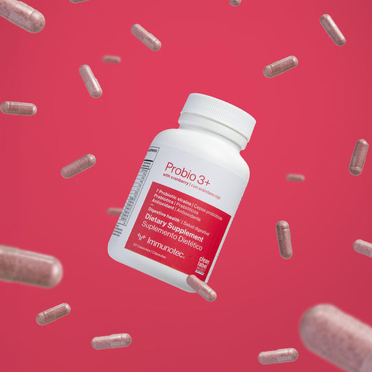 Synbiotic PROBIO 3+ capsules alongside cranberry imagery