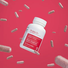 Synbiotic PROBIO 3+ capsules alongside cranberry imagery