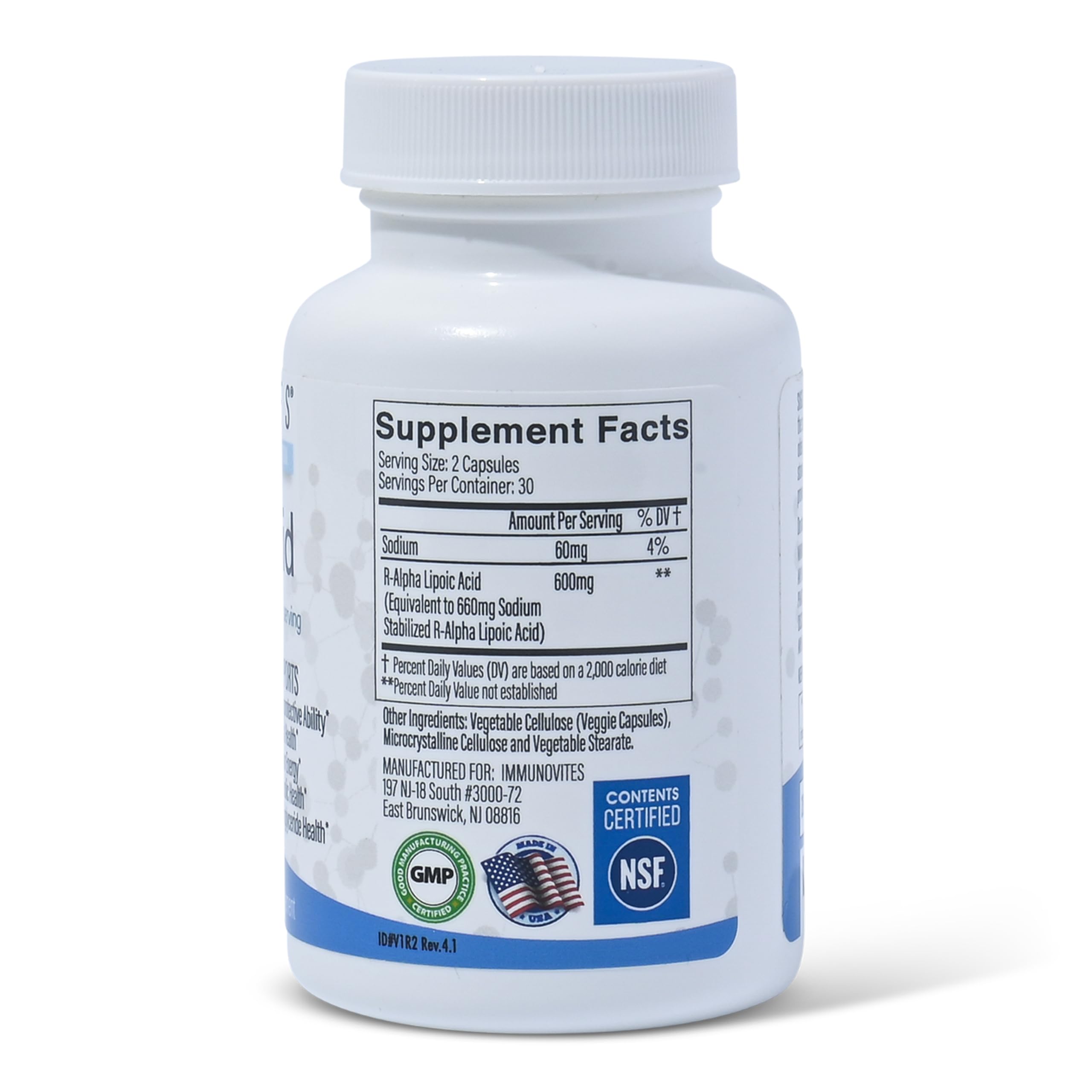 Close-up of 600mg R-ALA Stabilized formula on bottle